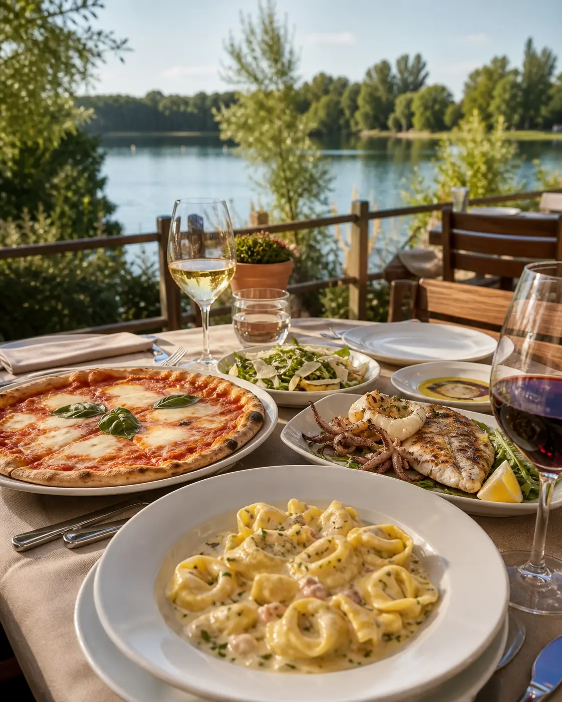 Pizza, Pasta und Fisch auf einem Restauranttisch am See.