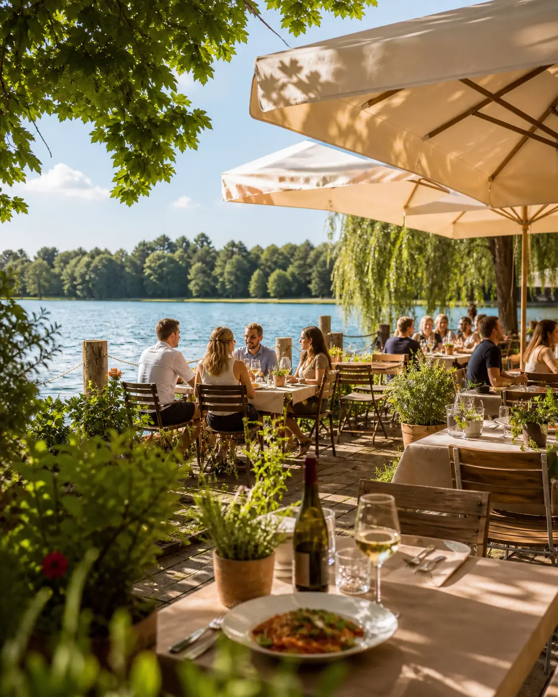 Terrasse am Friedberger Baggersee mit Gästen und Seeblick.