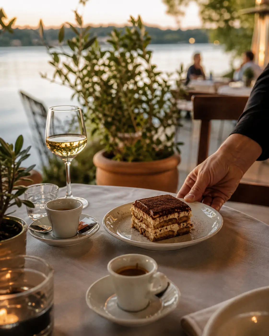 Tiramisu und Espresso auf einem Tisch am See.