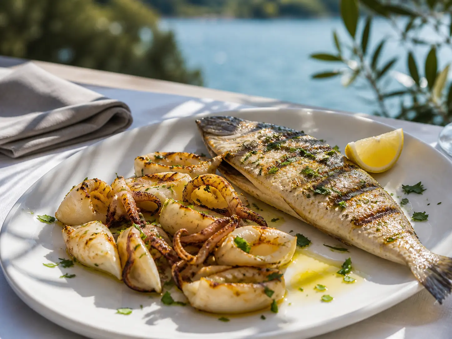 Gegrillter Fisch und Calamari am See.