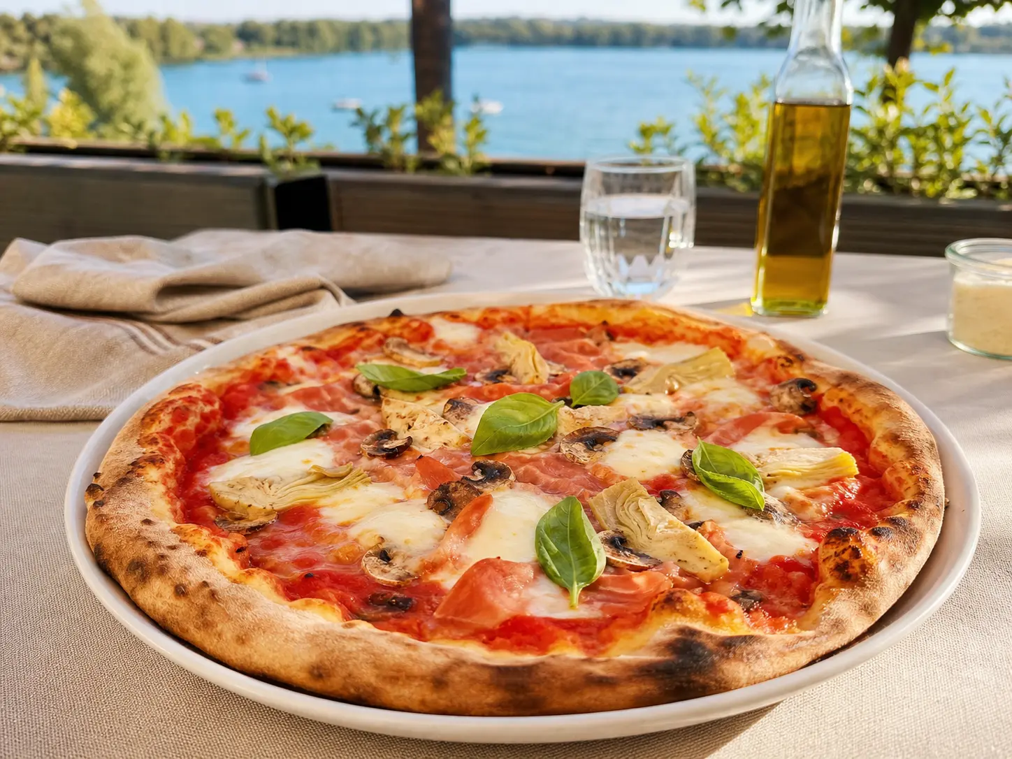 Pizza auf einem Terrassentisch am See.