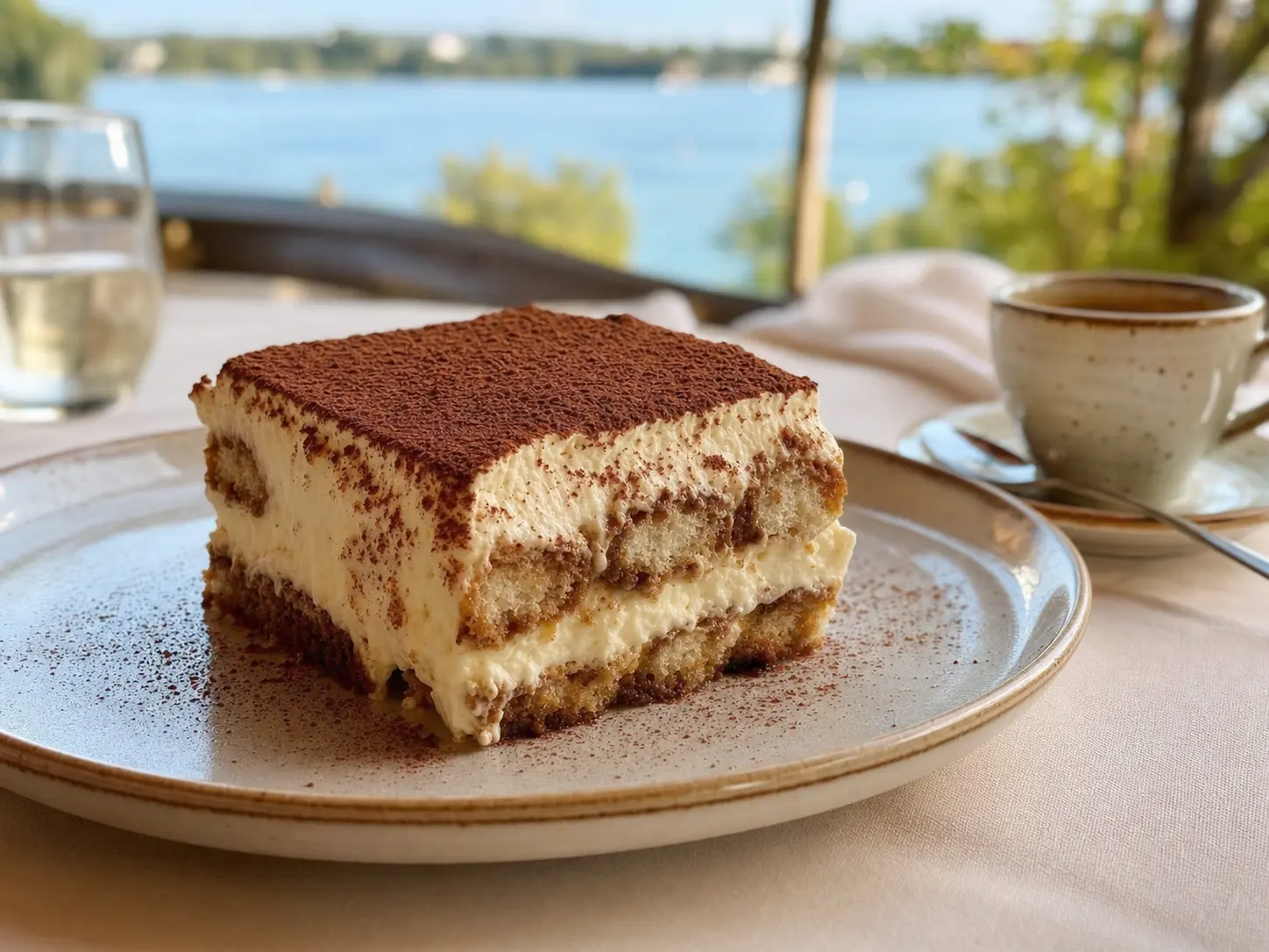 Tiramisu auf einem Restauranttisch.