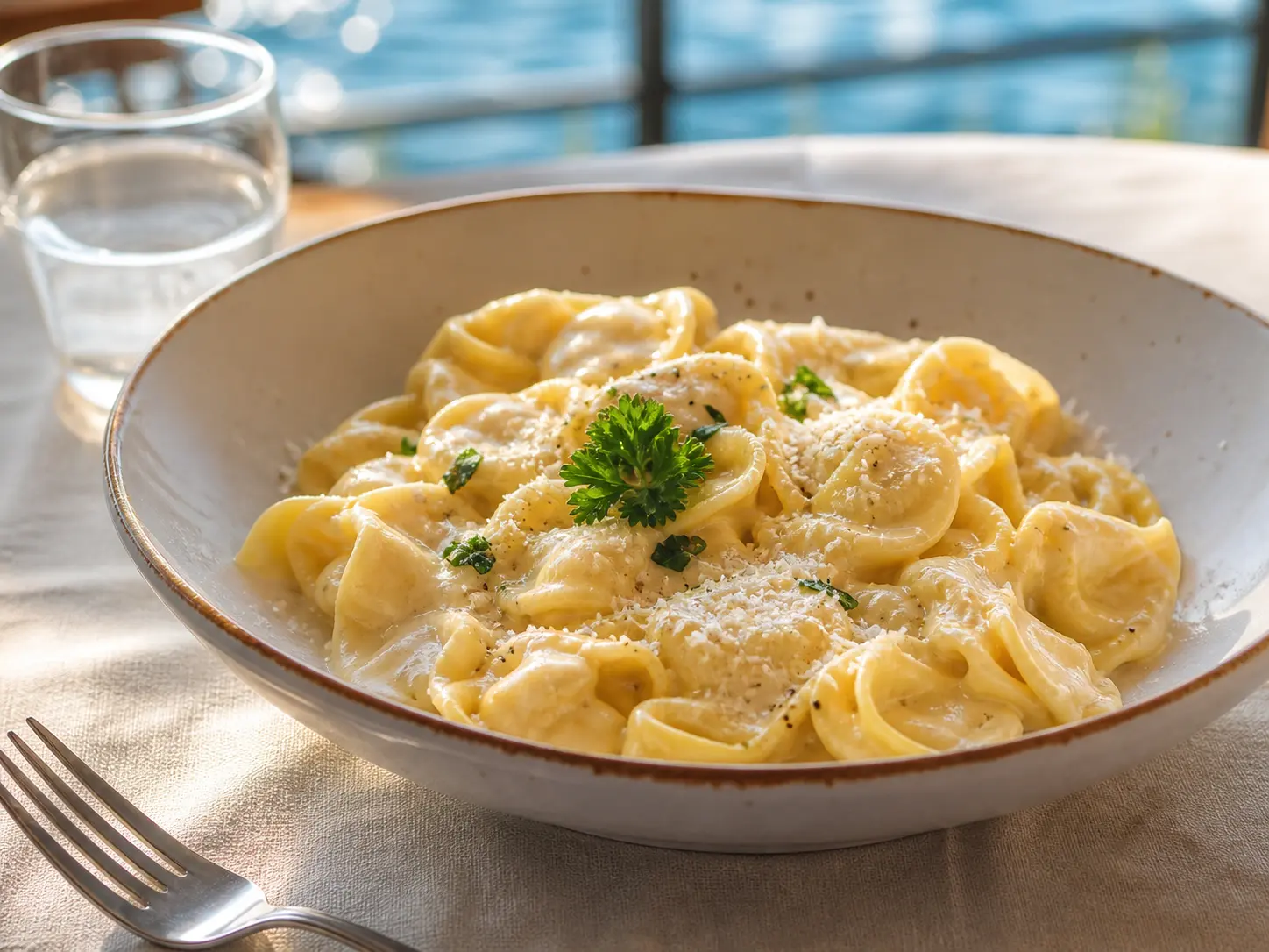 Tortellini alla Panna auf einem Restauranttisch.